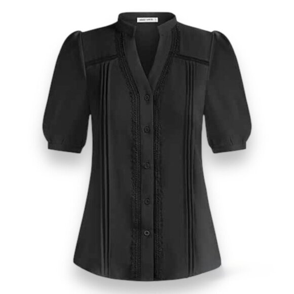Grace Karin Women's Short Puff Sleeve Black Button Down V Neck Pleated Shirt XL - Picture 2 of 13